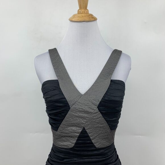 BCBG Maxazria Simson Dress Women 2 Black Cross Strap V Neck Ruched Back Zip Mini - Picture 3 of 16